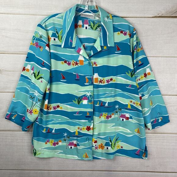 Drapers & Damon's Top Petite L PL Blue Beach Tropical Button Up 3/4 Sleeve - Picture 1 of 9